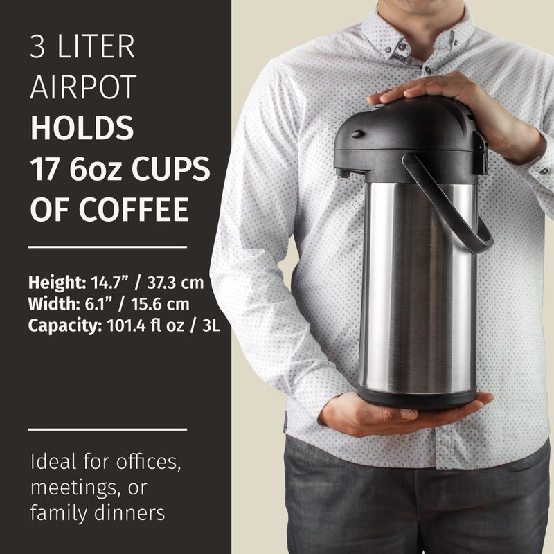 Cresimo قارورة قهوة كريزيمو مع مضخة - 102 أونصة / 3 لتر إبريق هواء 12 ساعة قارورة ماء ساخن كبيرة، موزع كاكاو للحفلات - إبريق شاي، إباريق هواء معزولة من الفولاذ المقاوم للصدأ لموزع المشروبات الساخنة - مضخة قهوة - Image 3